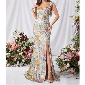 Luxe Floral Sequin Mermaid Hem Wedding Evening Formal Dress